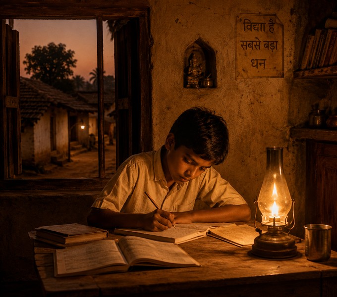A humble lamp-lit home in a small Indian village — where the story began
