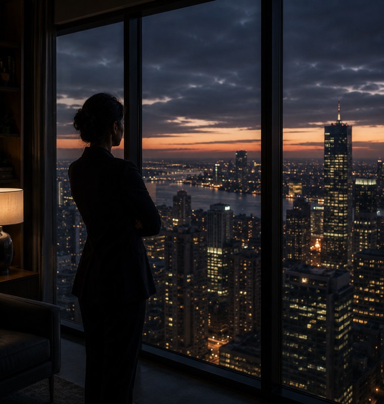 A professional standing at a window, looking out at the city in quiet thought