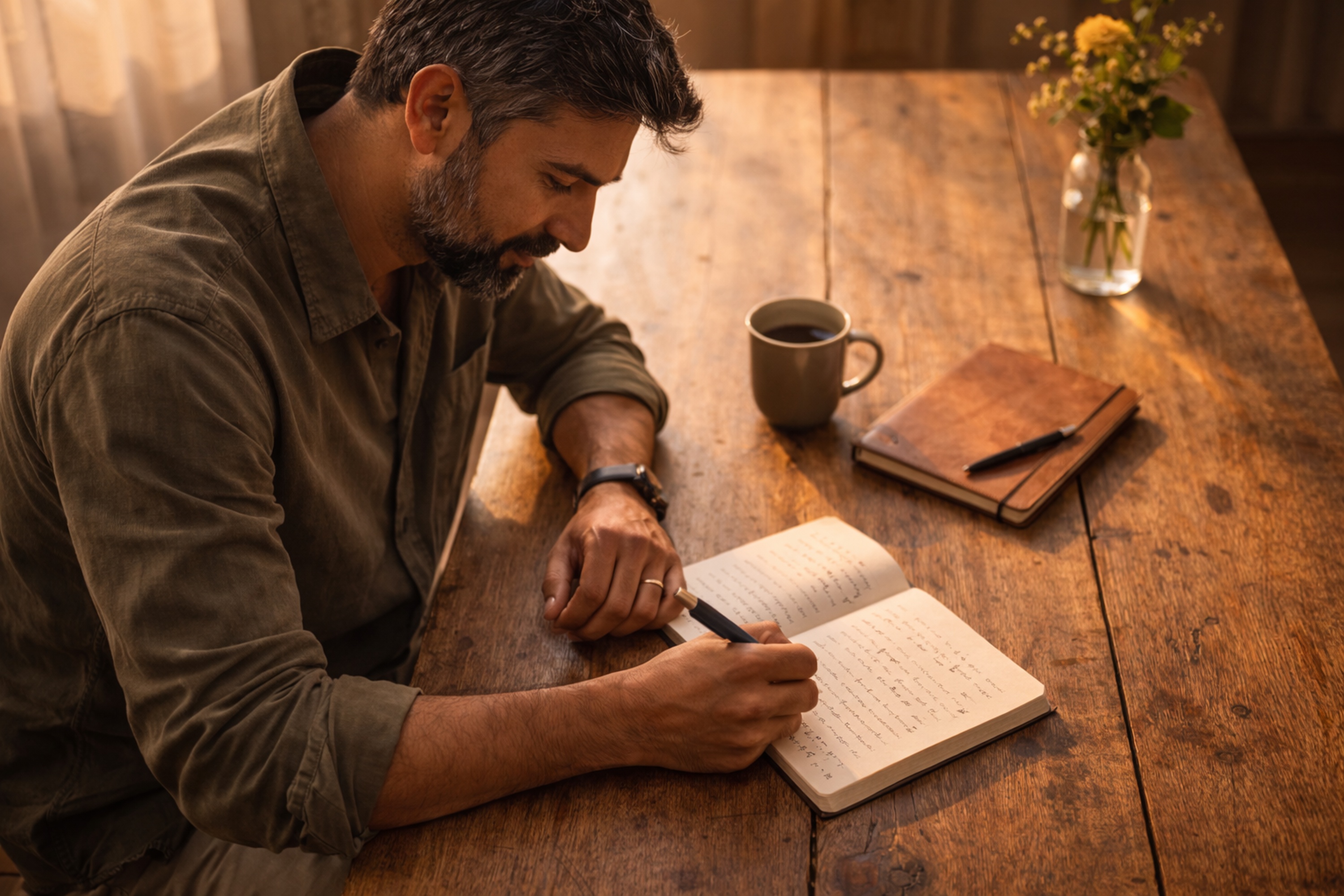 Person writing in a journal in warm morning light