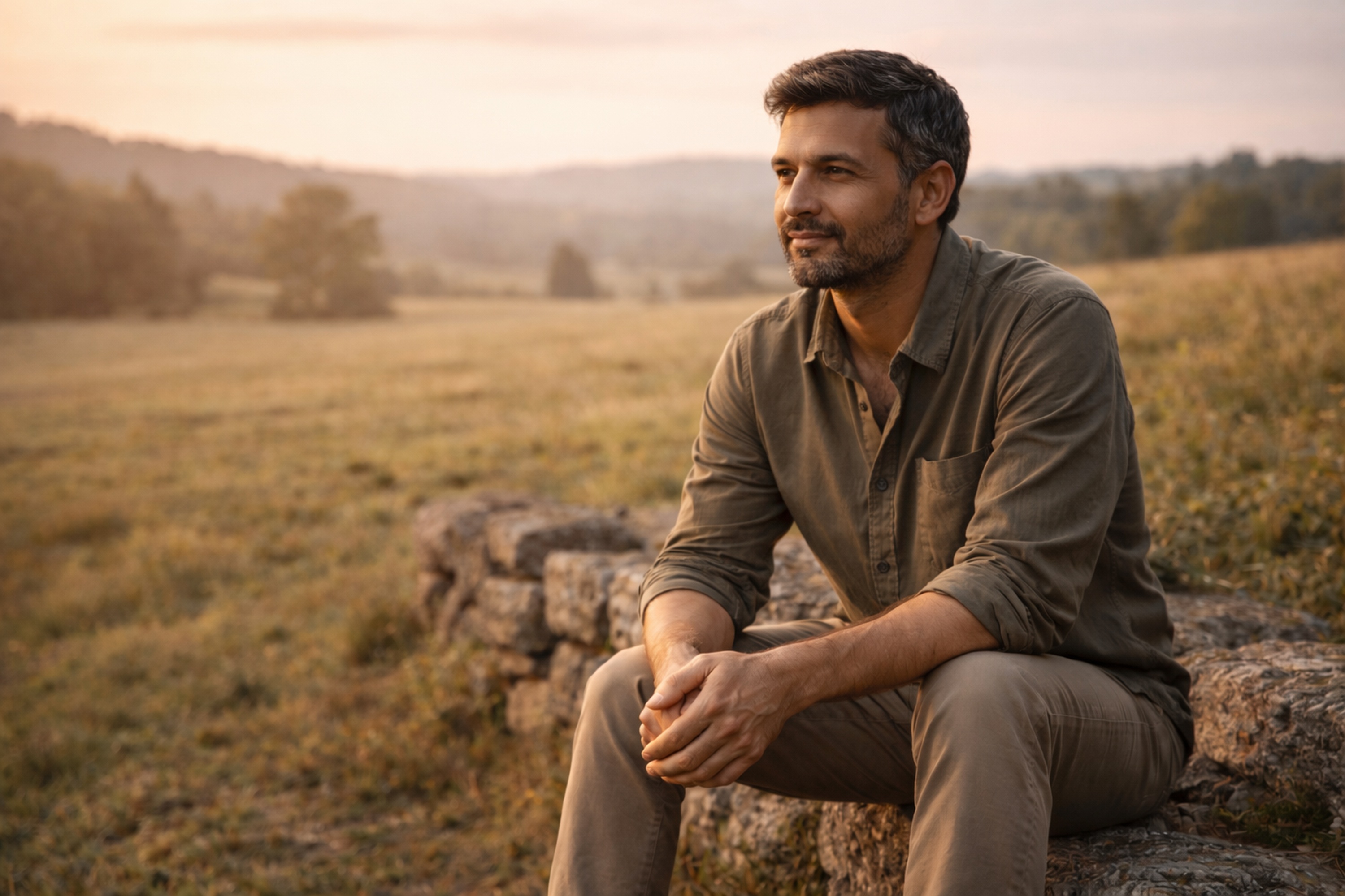 Person standing in open landscape at dawn, seen from behind