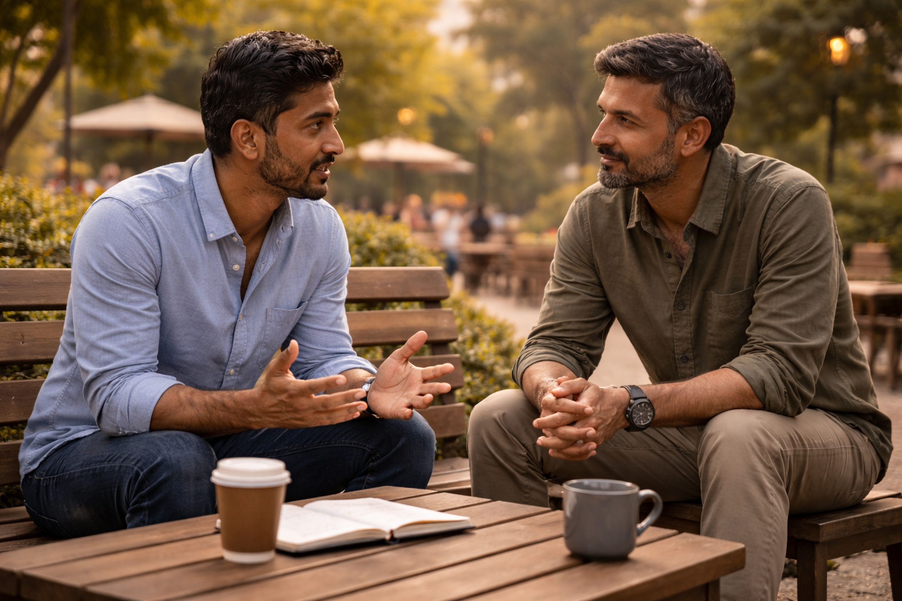Two people in quiet conversation in warm light