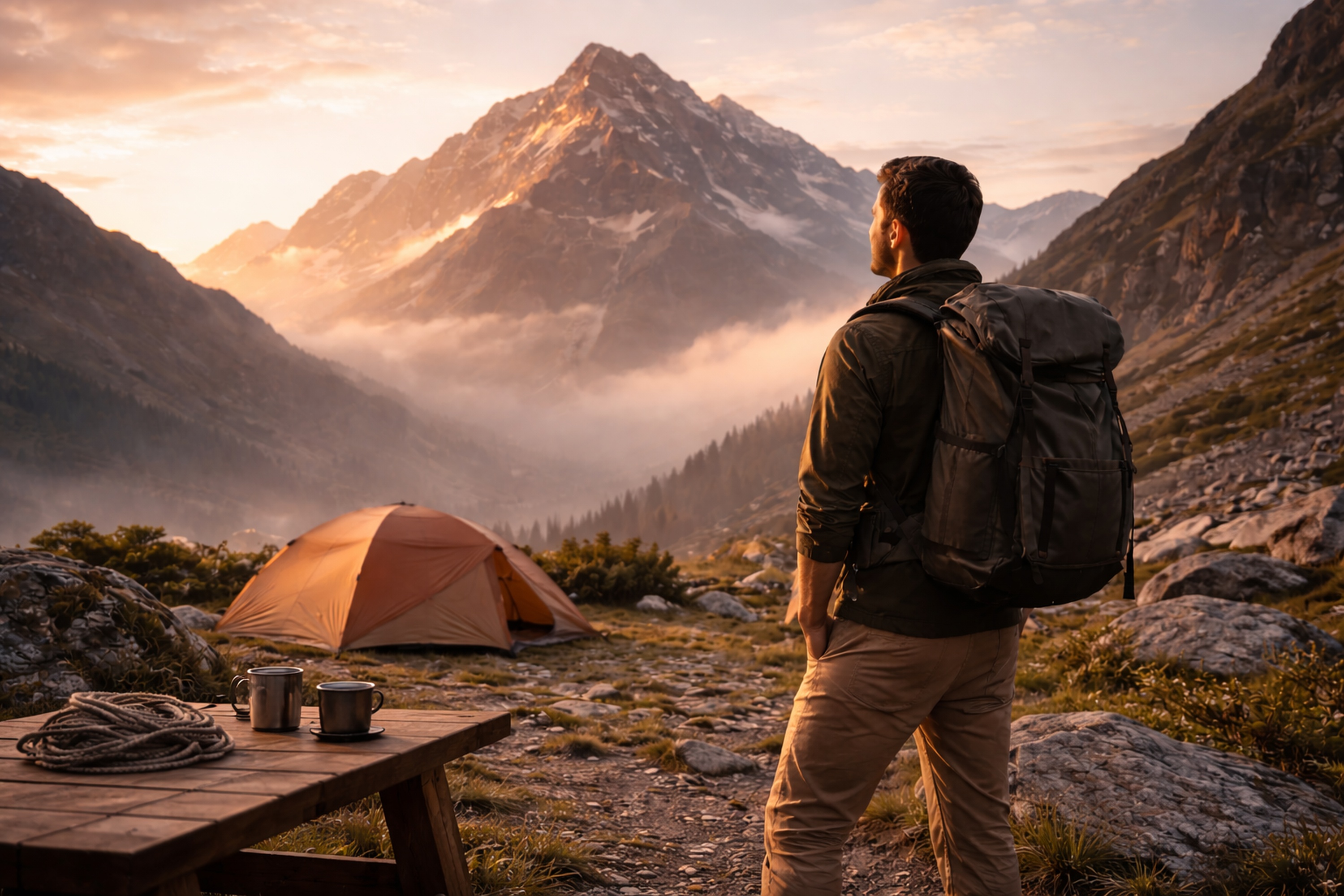 Mountain at dawn with base camp in foreground