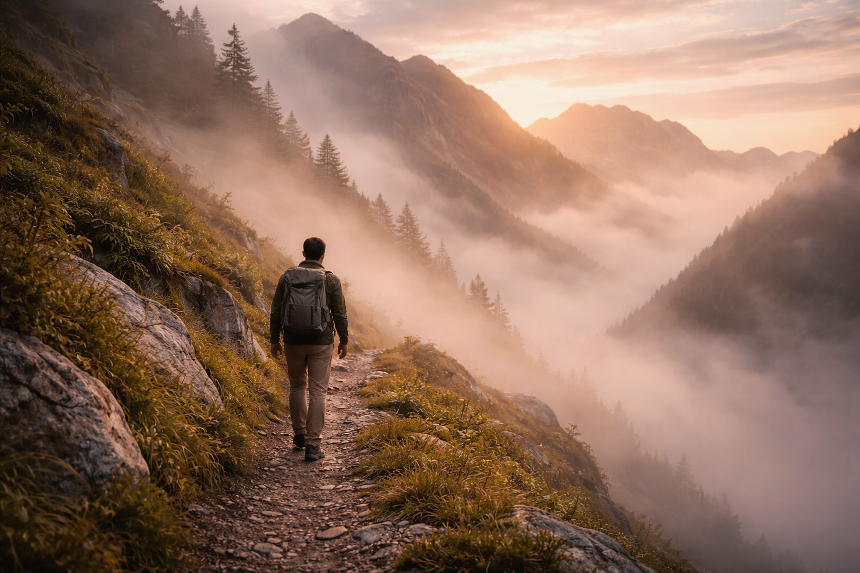 Path emerging from morning mist into warm light