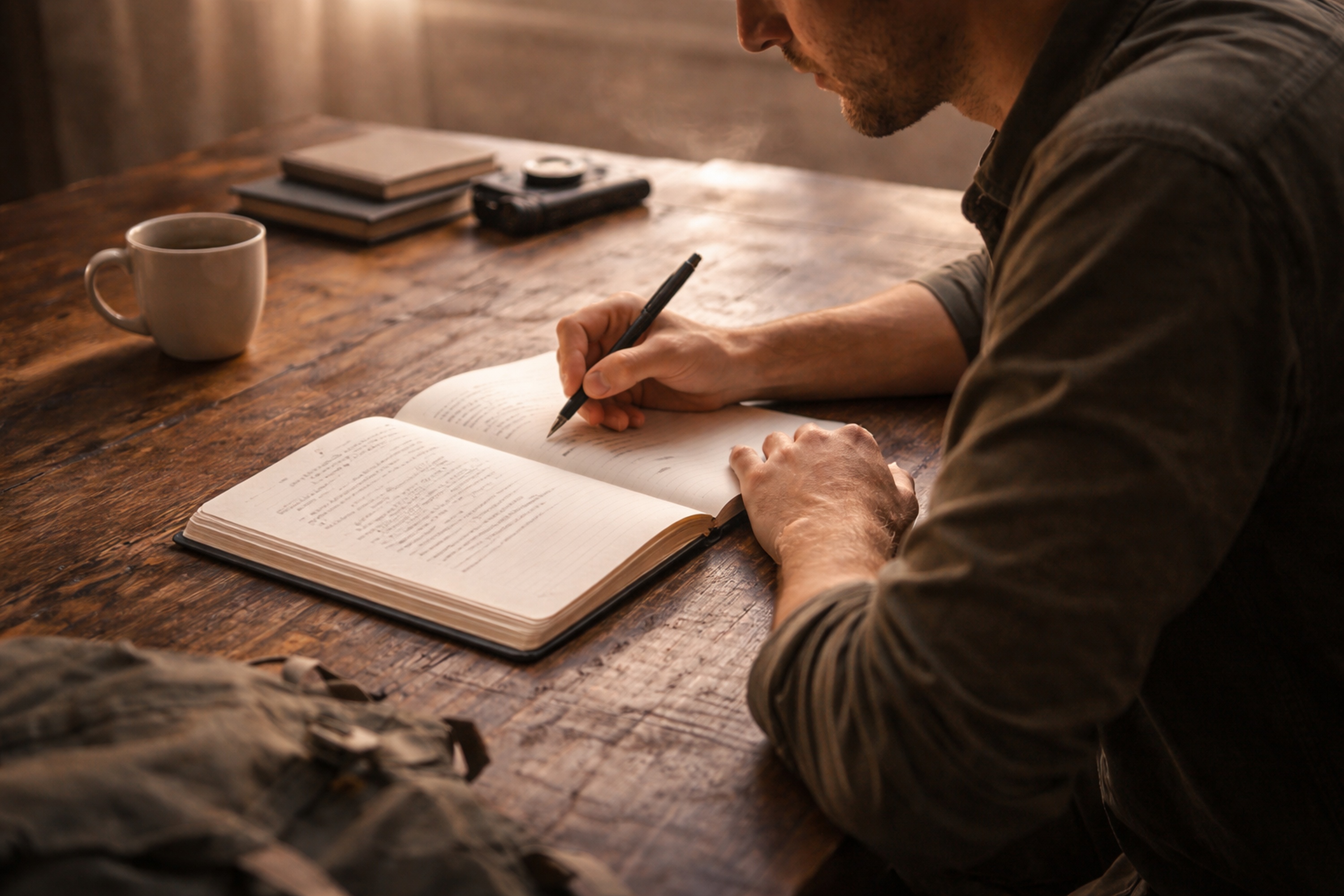 Open notebook with pen resting in morning light