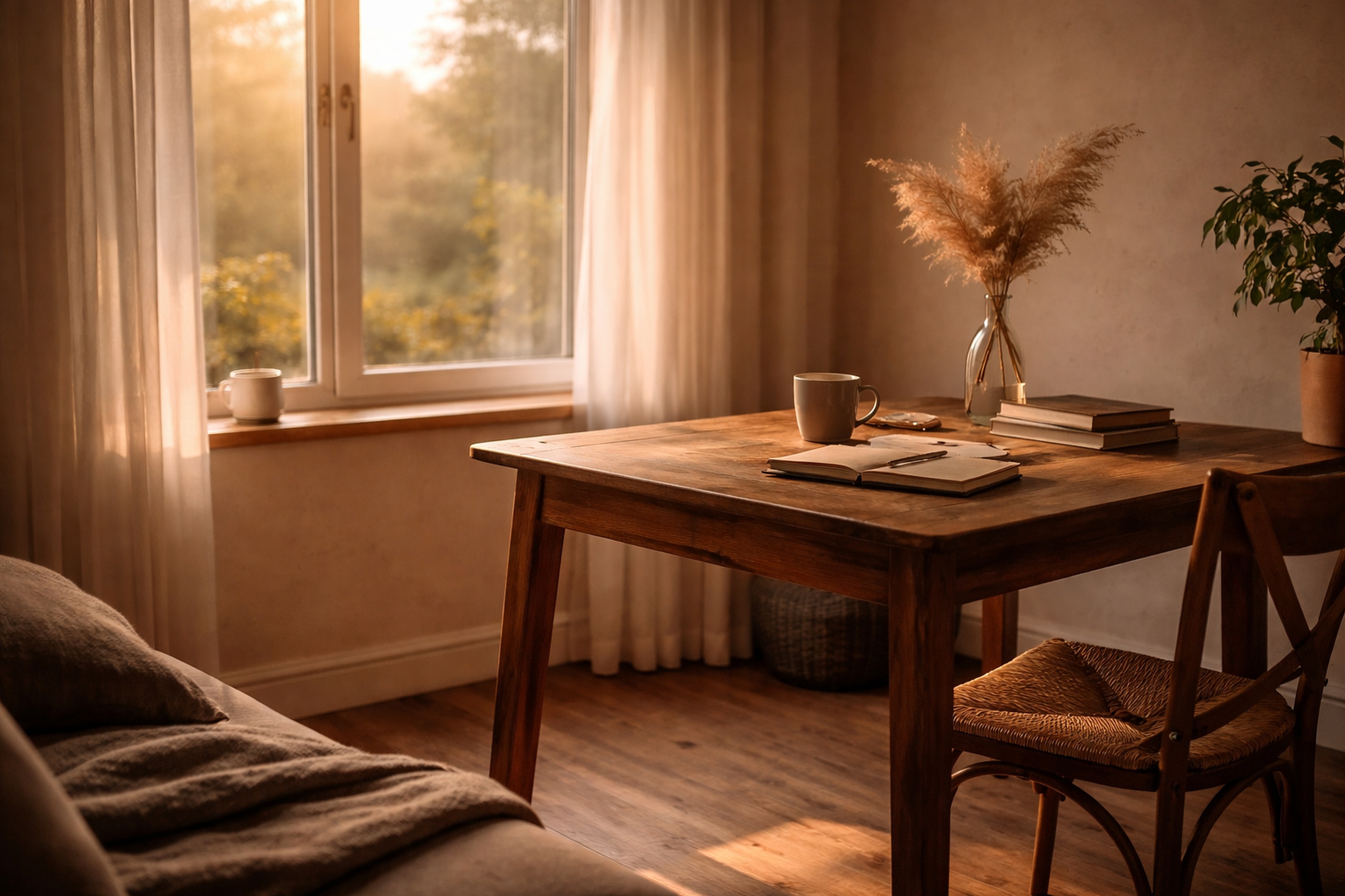 Person by window, warm morning light