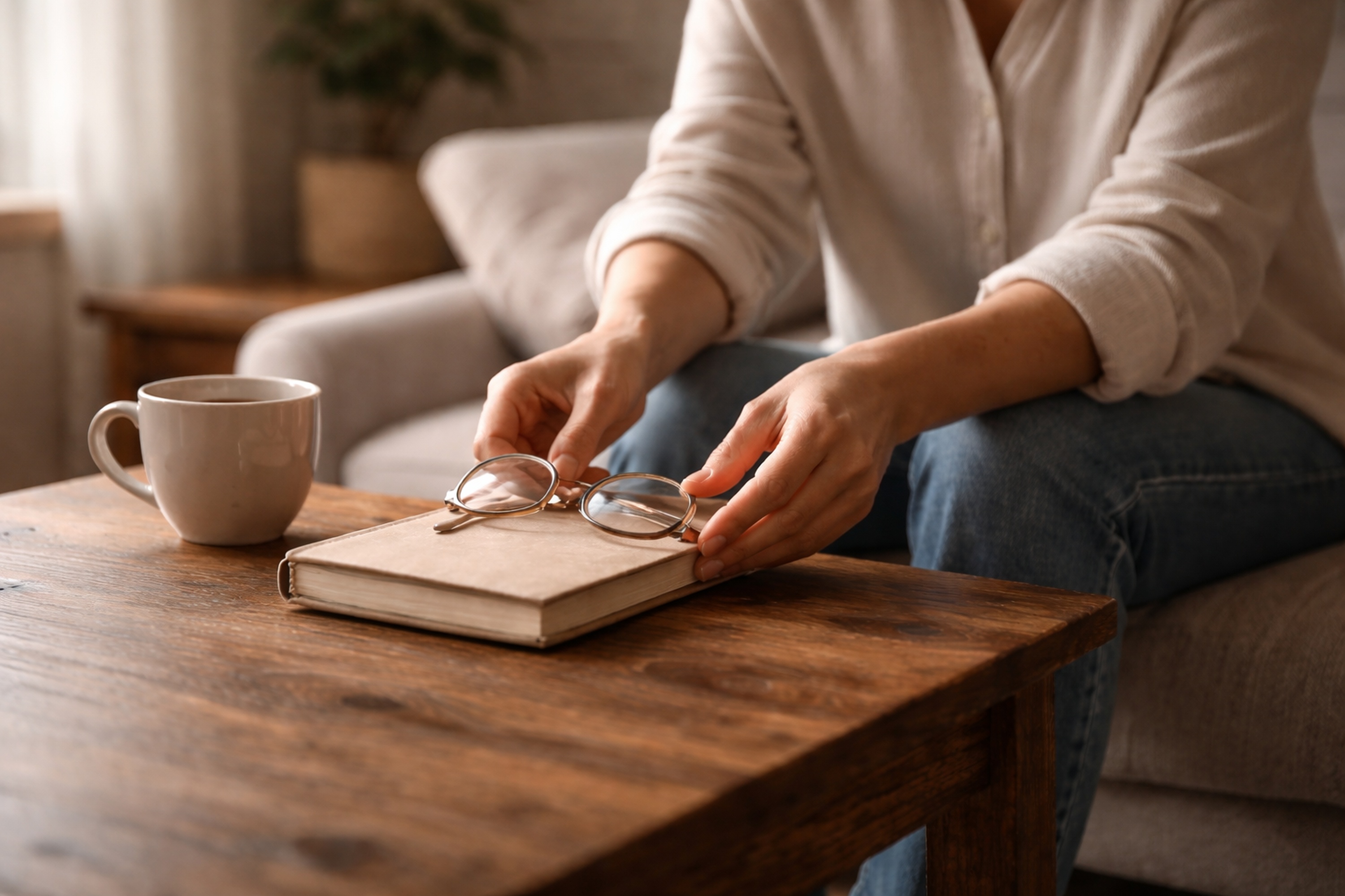 Hands resting open on a table in morning light