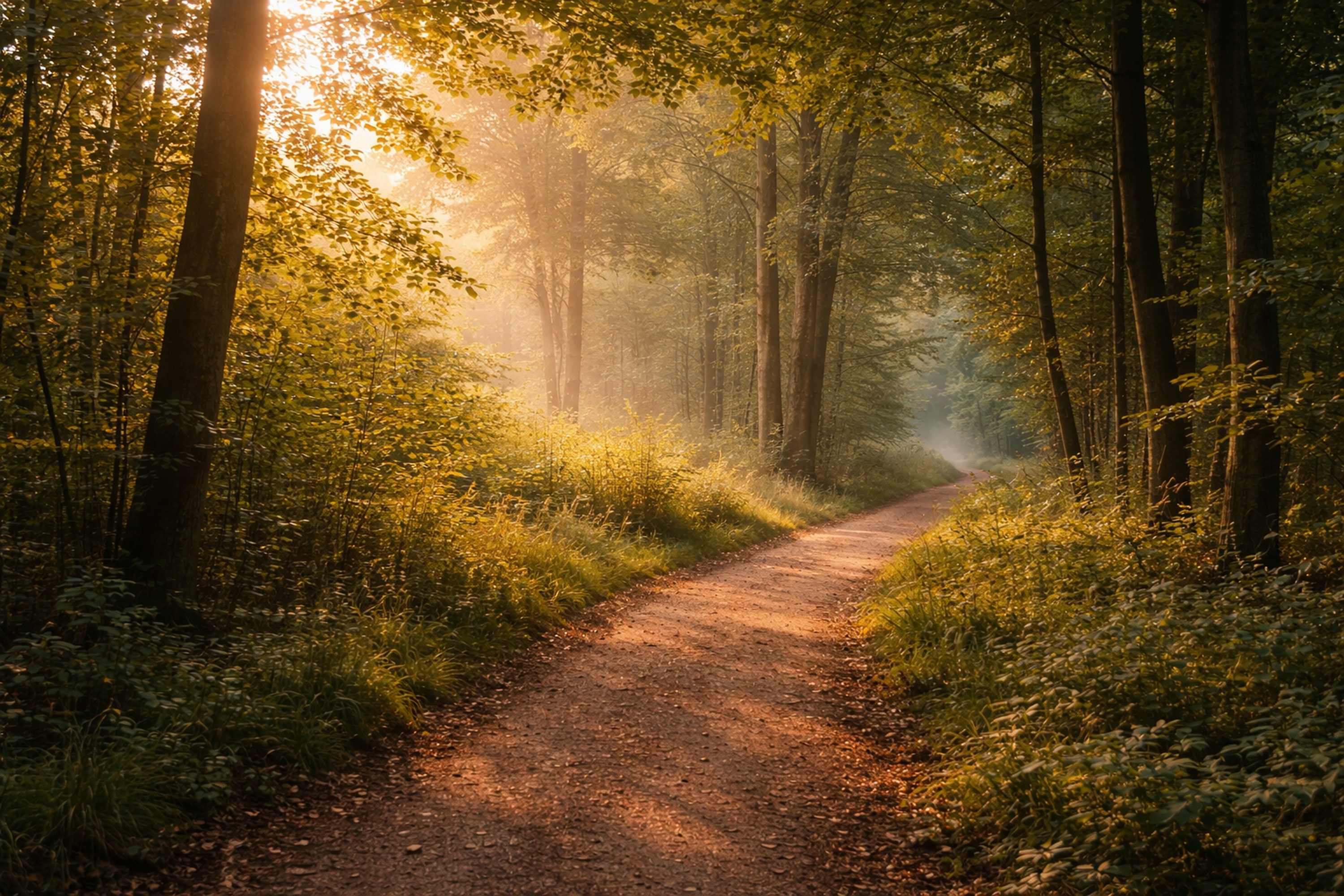 Forest path with dappled morning light