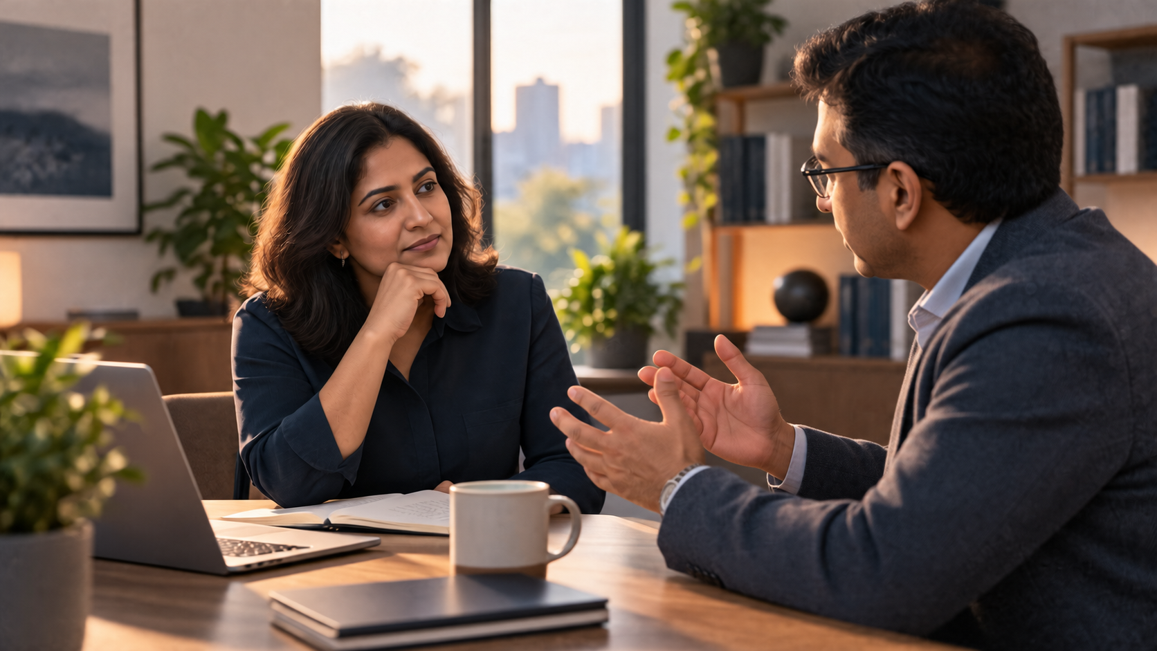 A coach guiding a professional through a live speaking exercise