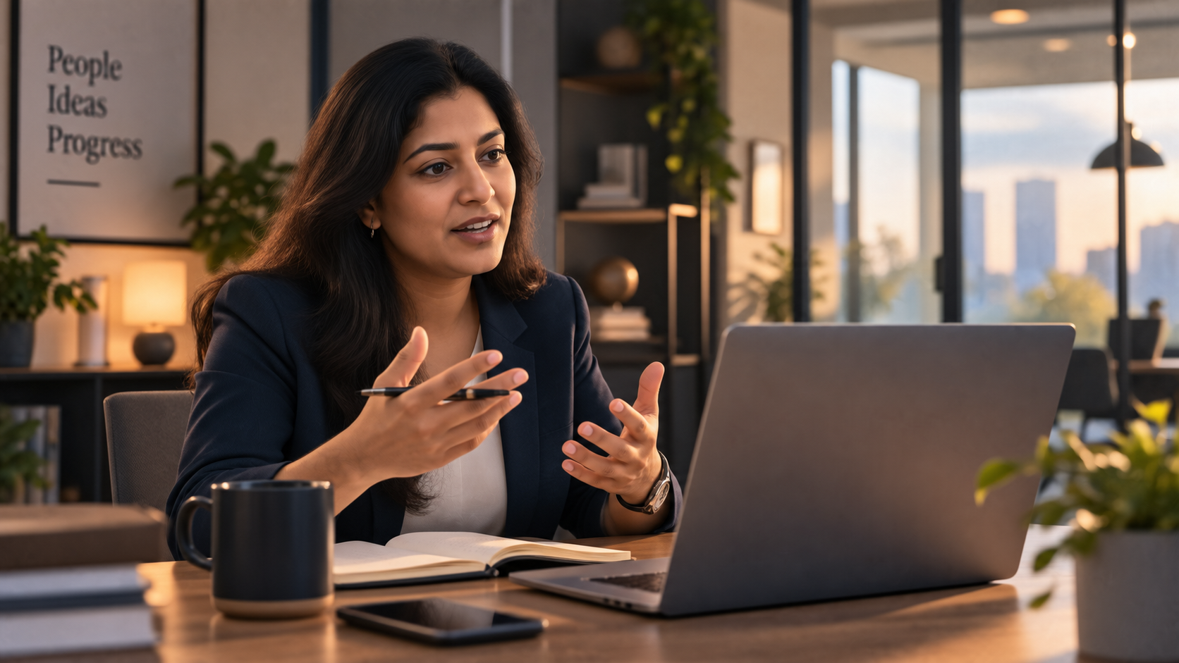 A professional speaking with composure on a client call